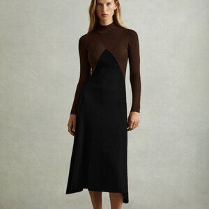 Reiss Hope Ribbed Midi Dress in Chocolate/Black Colourblock
